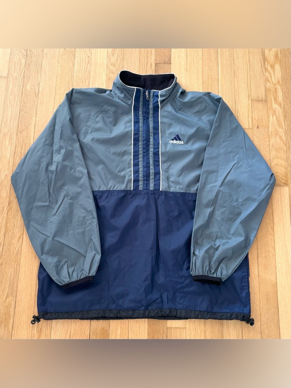 Vintage 90s Adidas Windbreaker Jacket Quarter Zip Blue Grey 100% Nylon Large
